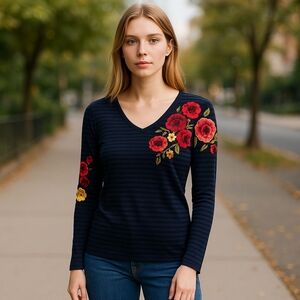 Anthropologie Blue Embellished Fitted Long Sleeve Blouse